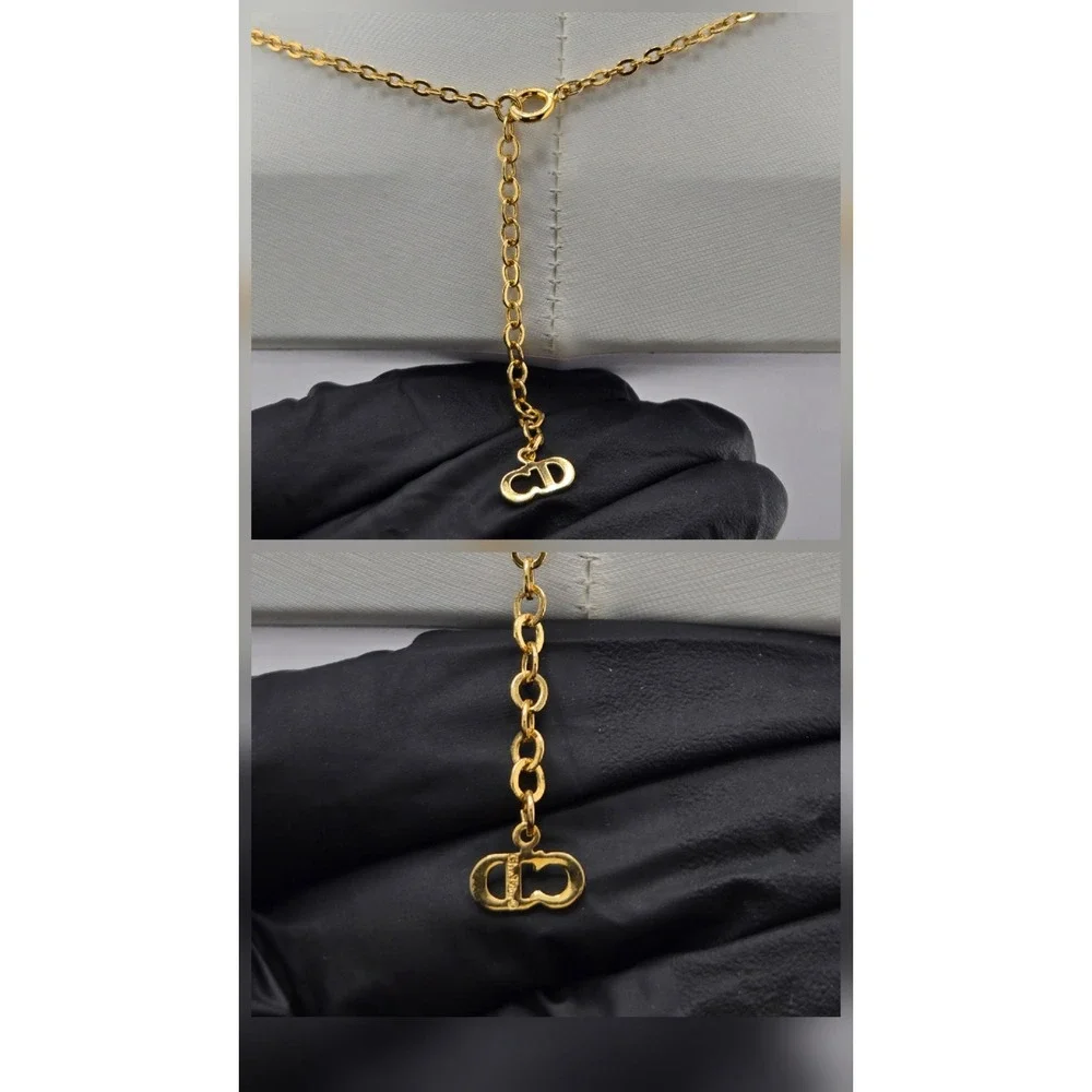 Christian Dior Gold Tone Oval Logo Pendant Necklace Adjustable Chain Vintage